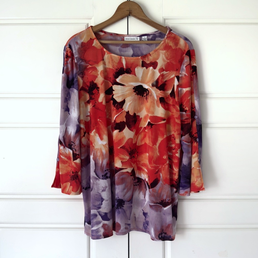 Susan Graver Liquid Knit Floral Tunic Top Large Red Purple Artsy Watercolor